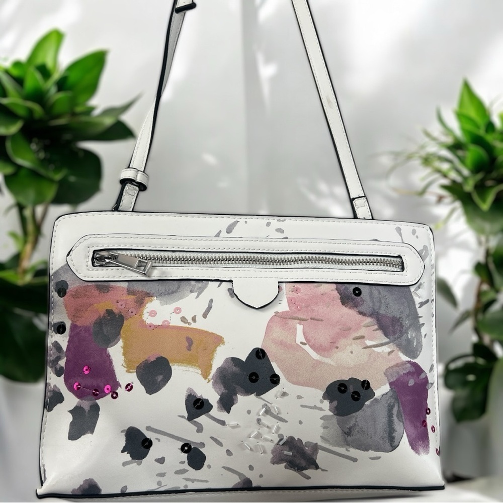 a new day White and Purple Shoulder Bag with Floral Design Sequins Silver Accent